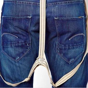 G-Star Raw Arc 3D loose tapered jeans with removable suspenders.